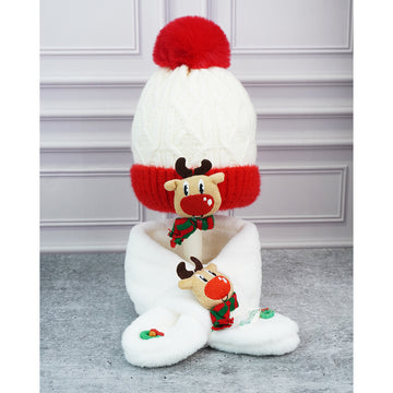 2pcs White Reindeer themed Winter Cap Beanie with matching Long style Neck Muffler for Kids, 3-10 Years