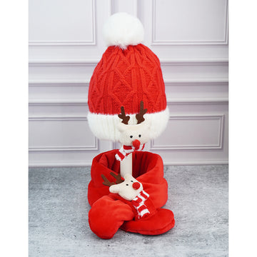 2pcs Red Nose Reindeer themed Winter Cap Beanie with matching Long style Neck Muffler for Kids, 3-10 Years