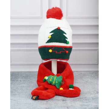2pcs White & Red Tree Christmas themed Winter Cap Beanie with matching Long style Neck Muffler for Kids, 3-10 Years