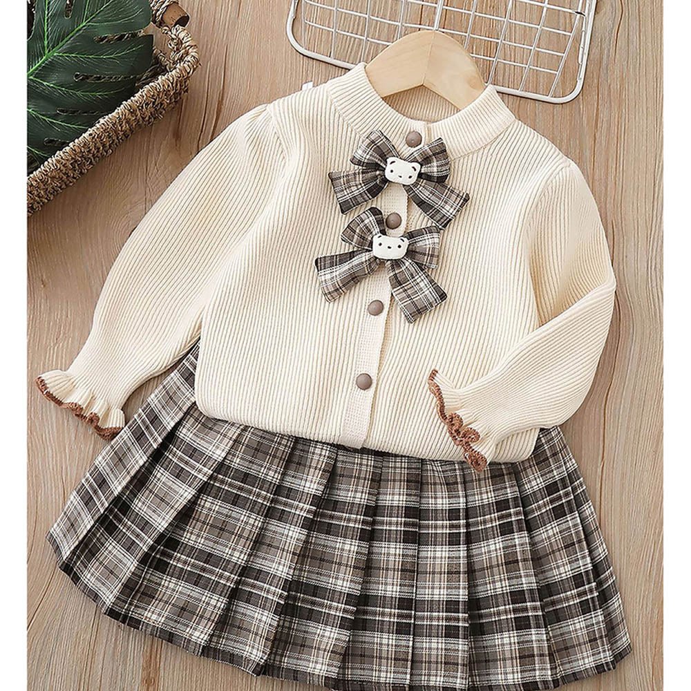 pcs Cream checks cardigan and Skirt Winter wear set matching Teddy Clips