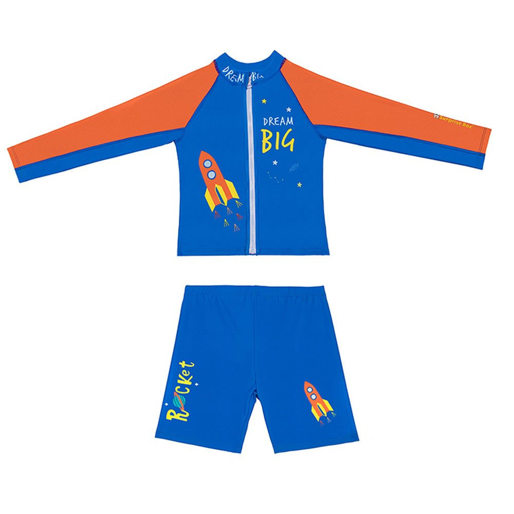 2 pcs Shirt & Shorts set LSB Blue & Orange Space Swimwear Knee length for Kids with UPF 30+ - Little Surprise Box2 pcs Shirt & Shorts set LSB Blue & Orange Space Swimwear Knee length for Kids with UPF 30+