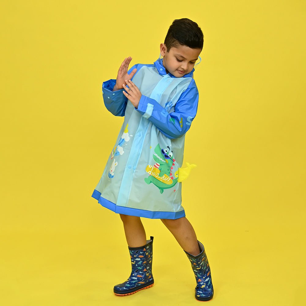 3d Dino Blue Sleeves & Hood Knee Length Raincoat for Kids - Little Surprise Box3d Dino Blue Sleeves & Hood Knee Length Raincoat for Kids