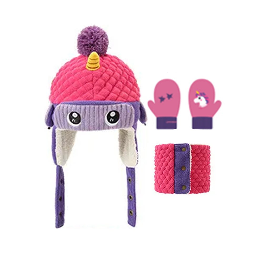 3pcs Quilted Unicorn Theme Winter Cap, Mufflers and Gloves - Little Surprise Box3pcs Quilted Unicorn Theme Winter Cap, Mufflers and Gloves