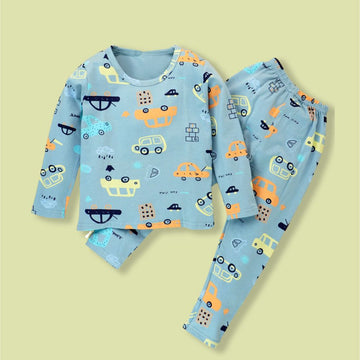 Blue Car Print/Orange/Yellow/Black  Full sleeves tops & pants set Unisex Kids Wear