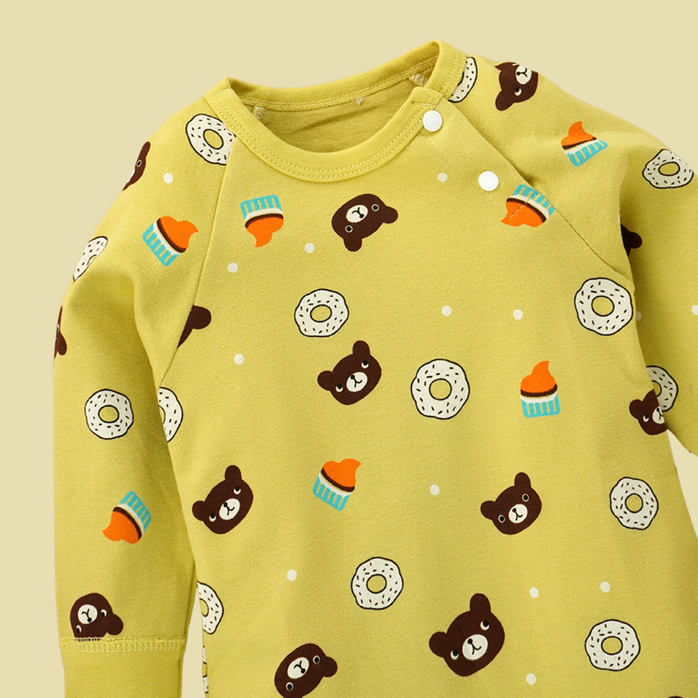 Yellow Brown Bear/Doughnut Print Romper Unisex Kids Wear