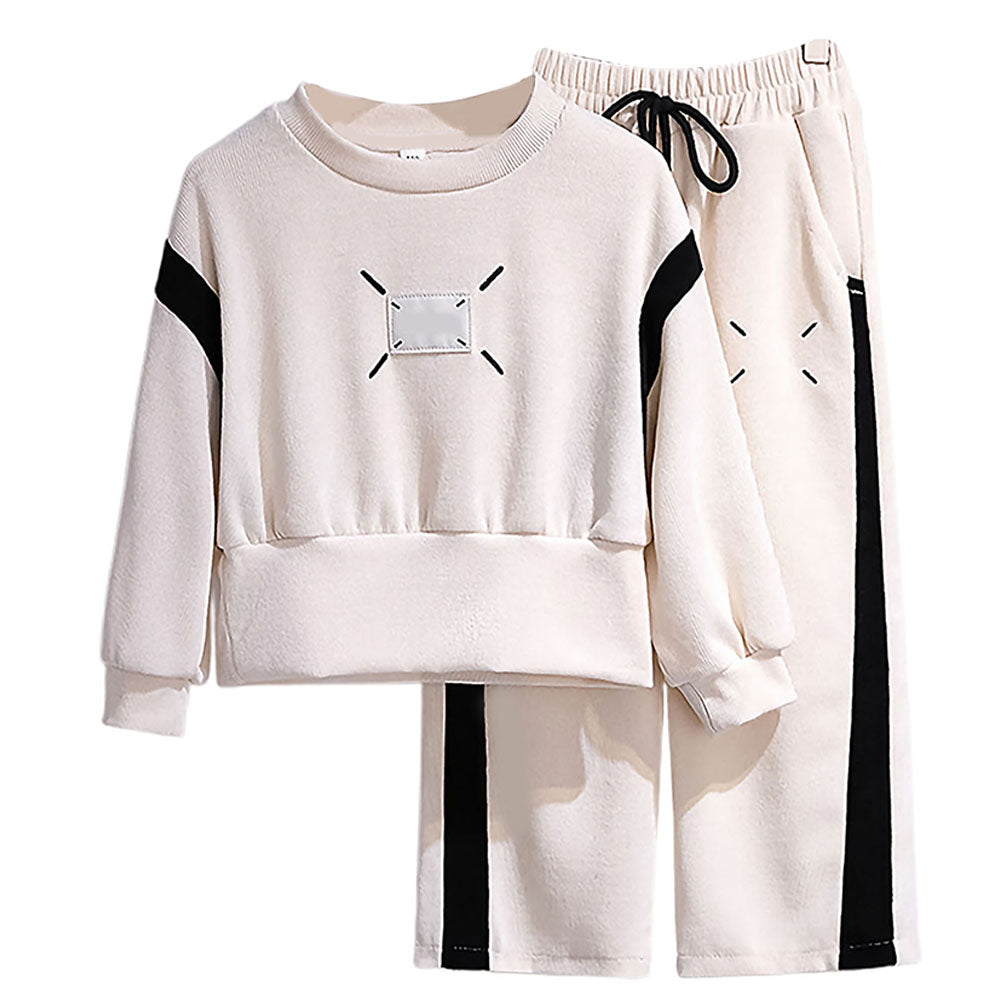 Self Patterned White Patch Casual Stripes 2Pcs Track Suit Set For Kids