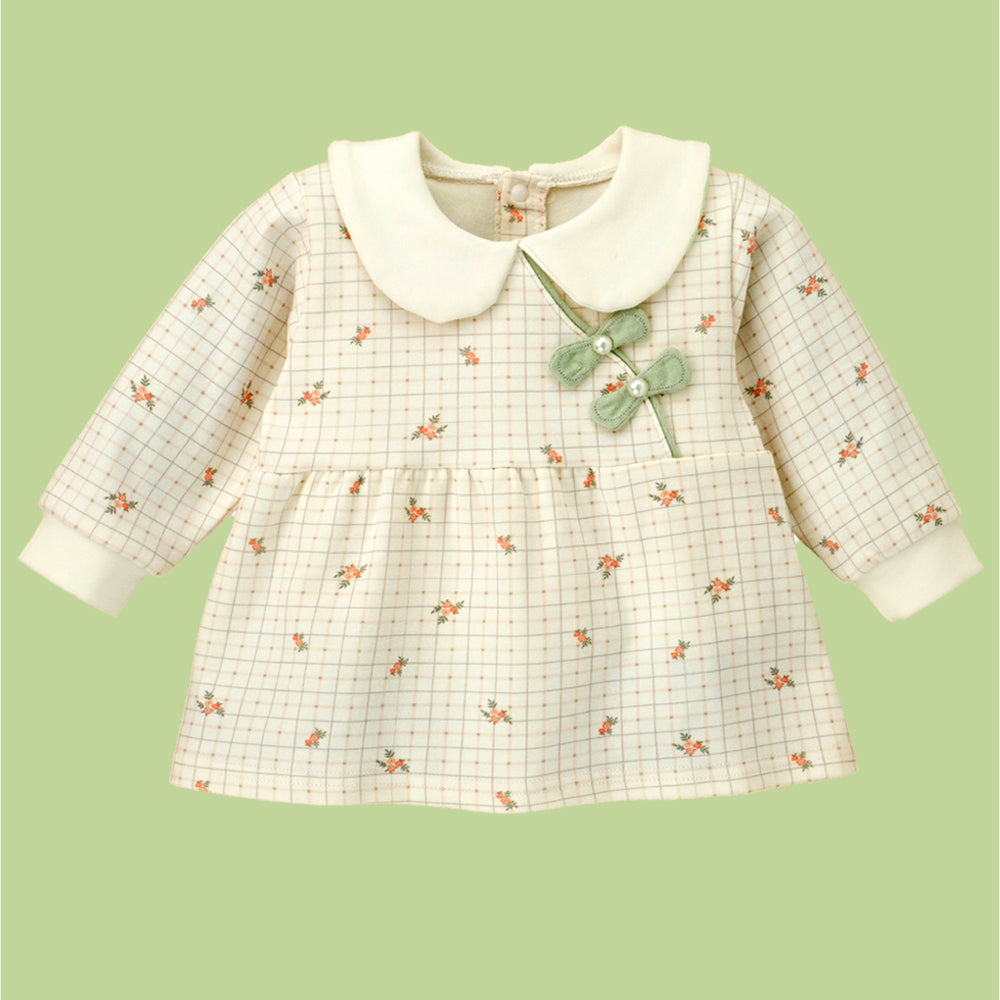 2pcs Light Green Little Florals and Bows Long Frock style Top with matching full Pants