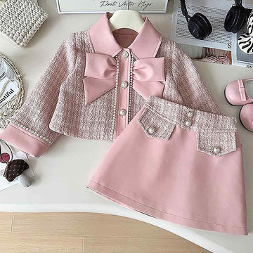 Pink Big Bow Tweed and Leatherette Style 2 pcs, Jacket and Skirt Winterwear set for Girls