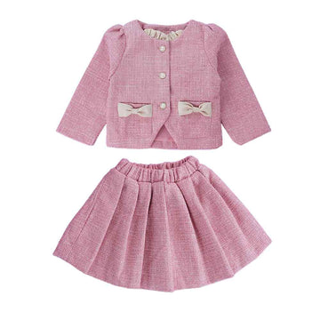 Pink Dual Bow Tweed style 2 pcs, Skirt and Top Winterwear set for Girls.