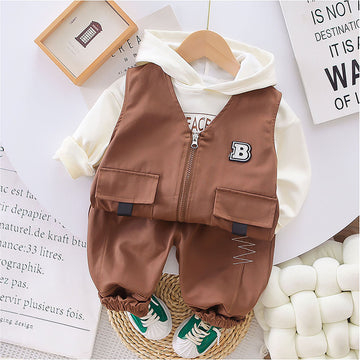 Dark Brown Designed 3 Pcs Sleeveless Jacket Styled Hoodie And Pant Suit Set For Toddlers And Kids