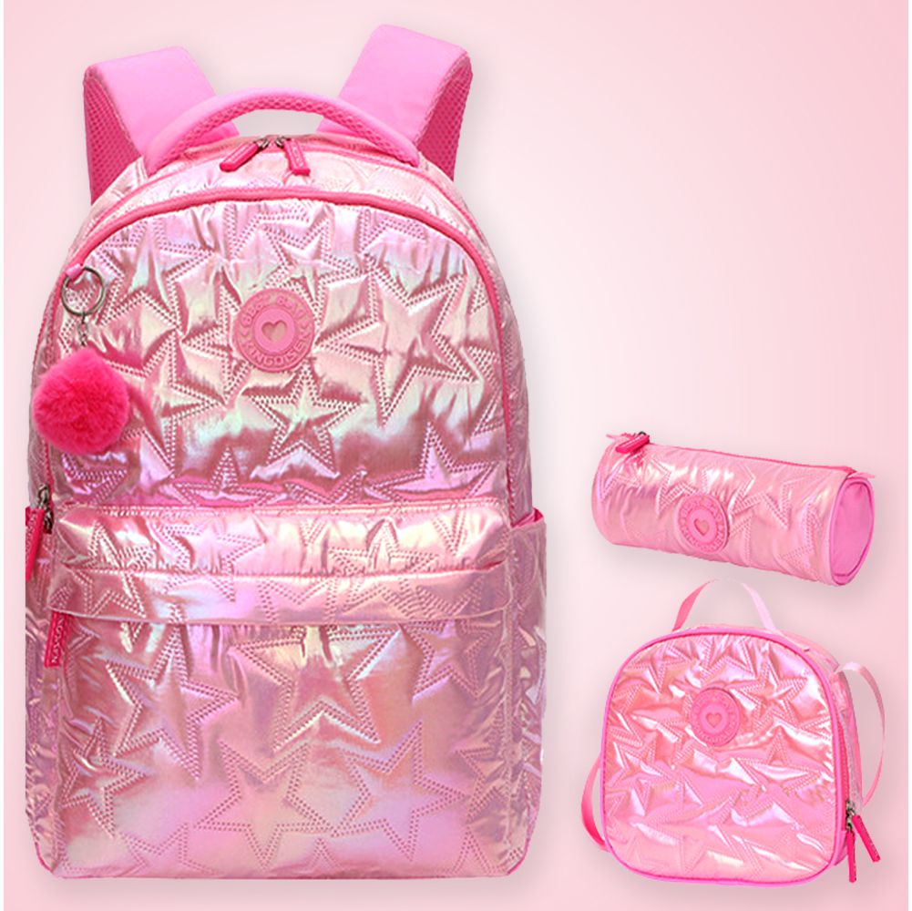 3pcs Shiny Pink Star Matching Backpack, Lunch Bag and Stationery Pouch, 8years to Adults