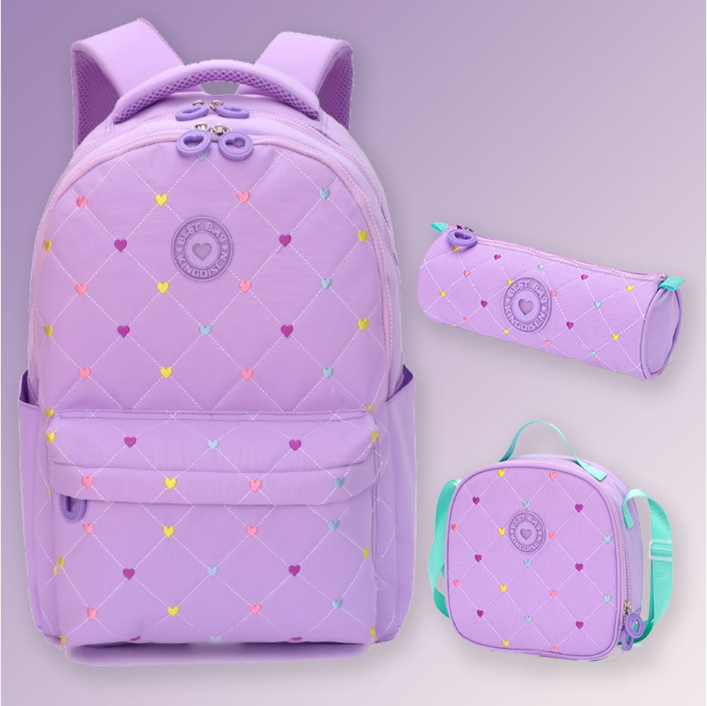 3pcs Purple Mini Heart Matching Backpack, Lunch Bag and Stationery Pouch