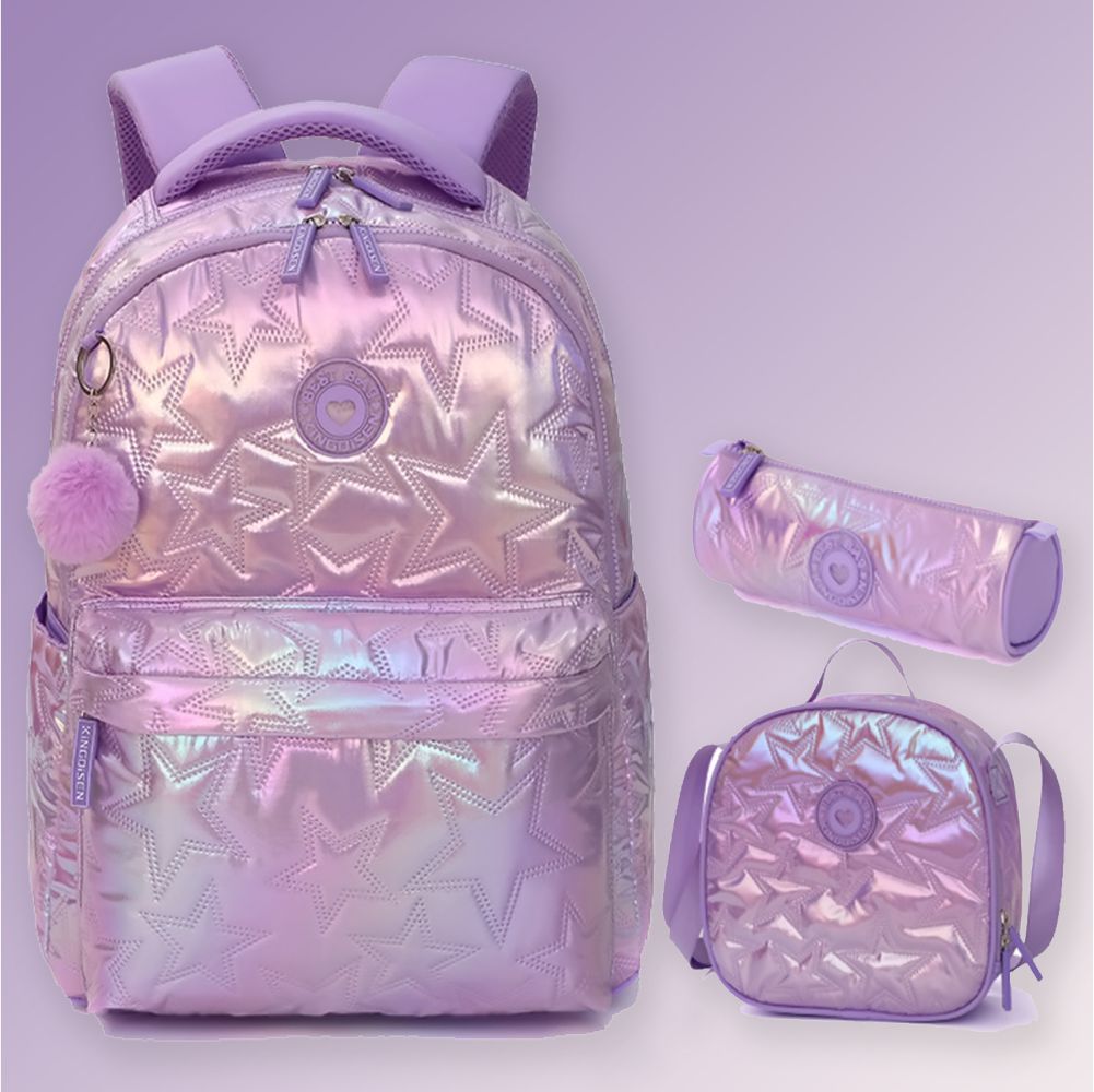 3pcs Shiny Purple Star Matching Backpack, Lunch Bag and Stationery Pouch, 8 yrs to Adults