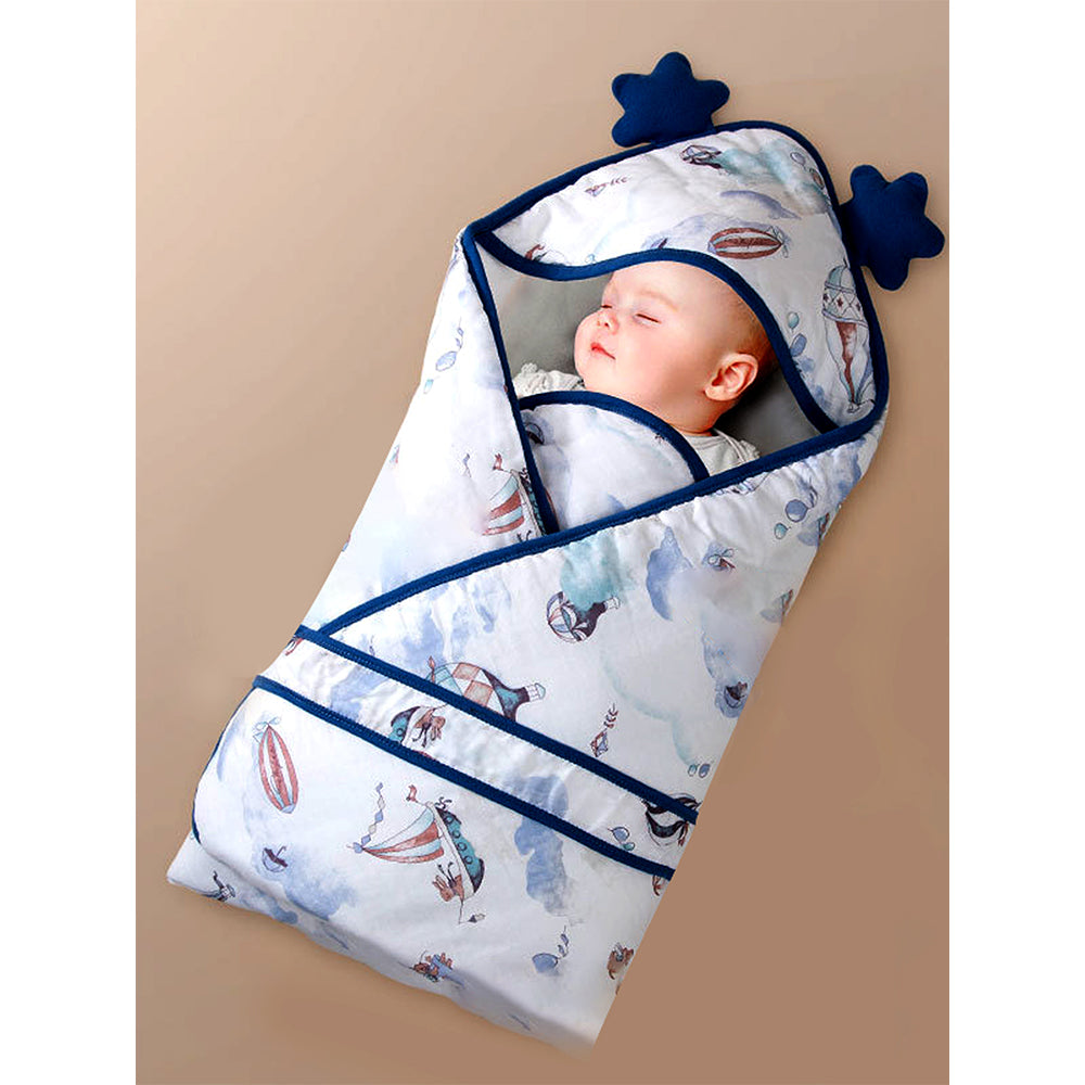 Blue Baloon muslin cotton Wrapper with Hood for Newborn & Infants