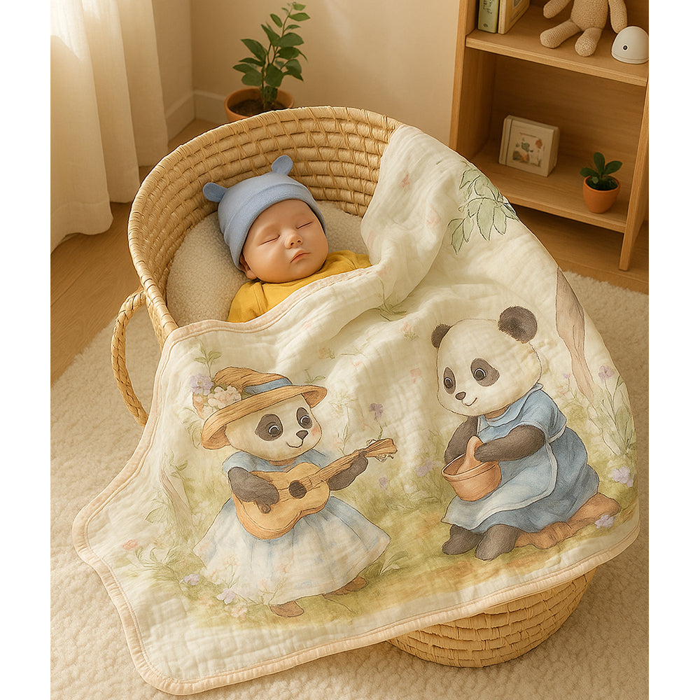 Blue Frock Panda print Super Soft Breathable pure Muslin cotton Blanket for Infants
