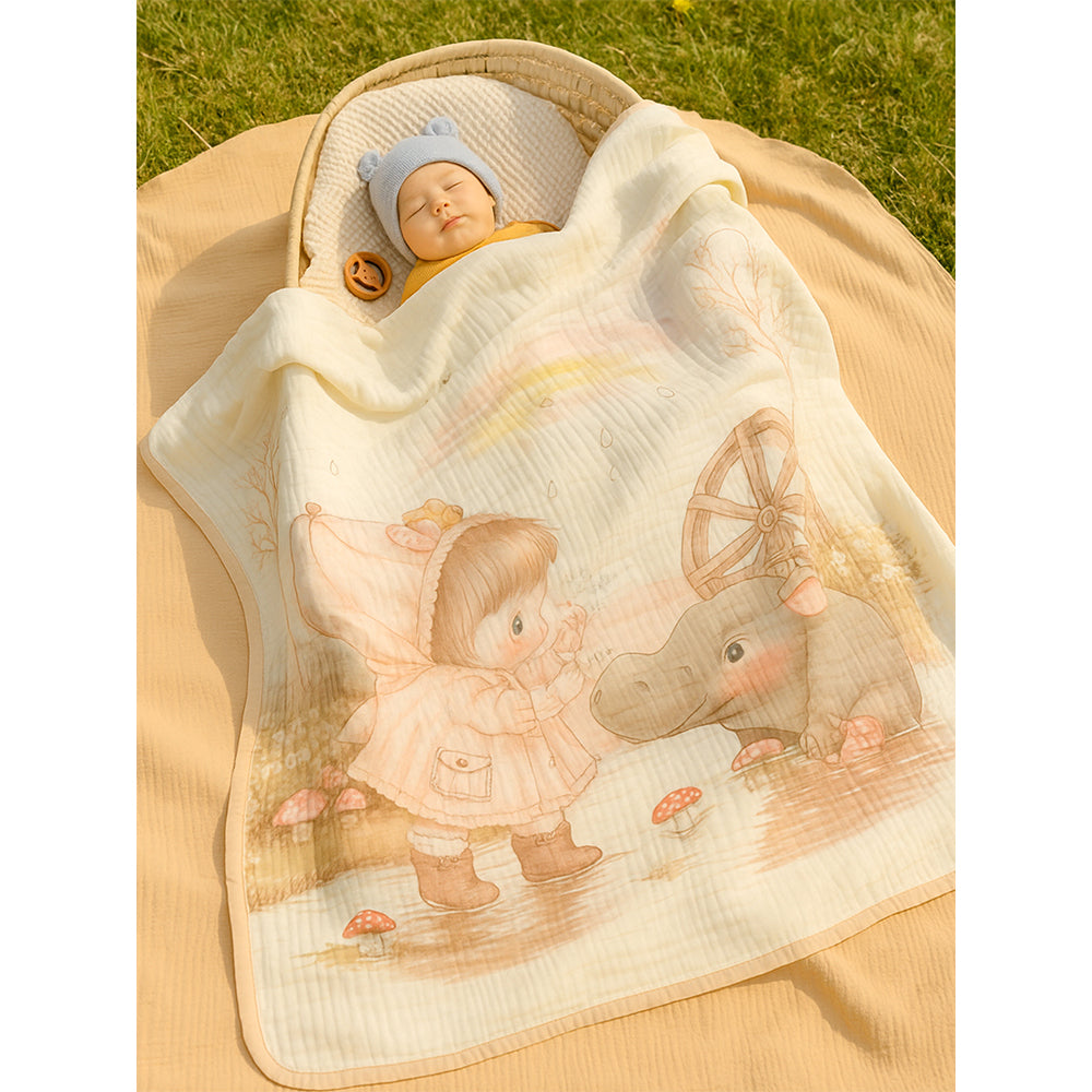 Little Girl & Rhino print Super Soft Breathable pure Muslin cotton Blanket for Infants