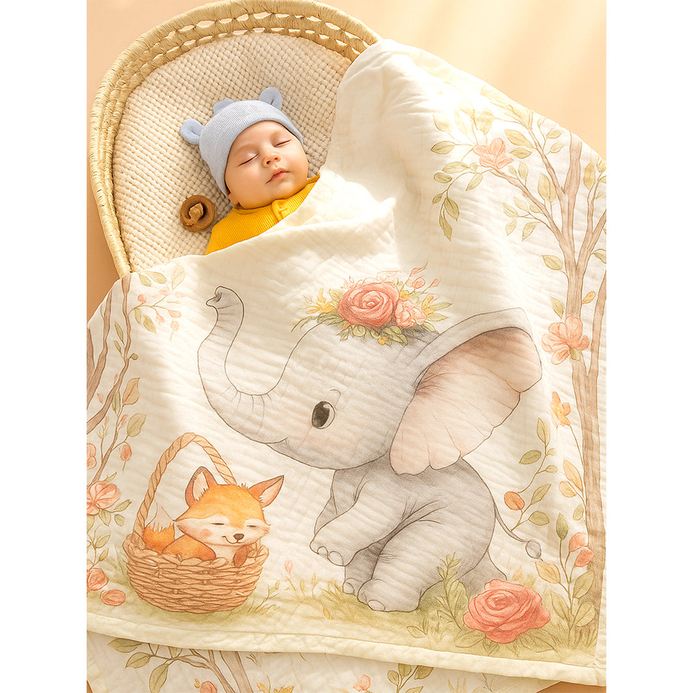 Grey Elephant woodland print Super Soft Breathable pure Muslin cotton Blanket for Infants