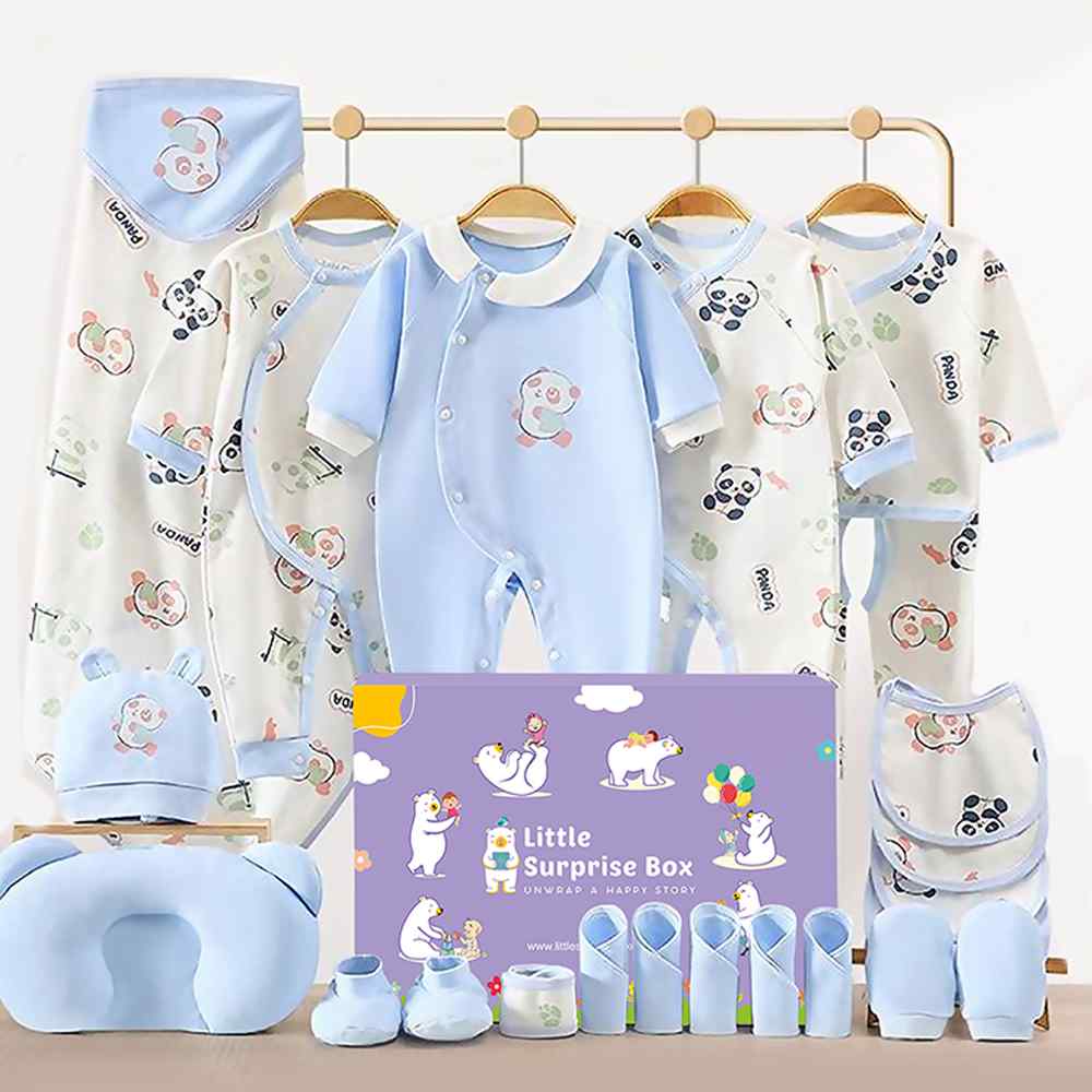 22 pcs Blue & White Panda Newborn Baby Girl/Baby Boy Gift Hamper Set, 0-6 months