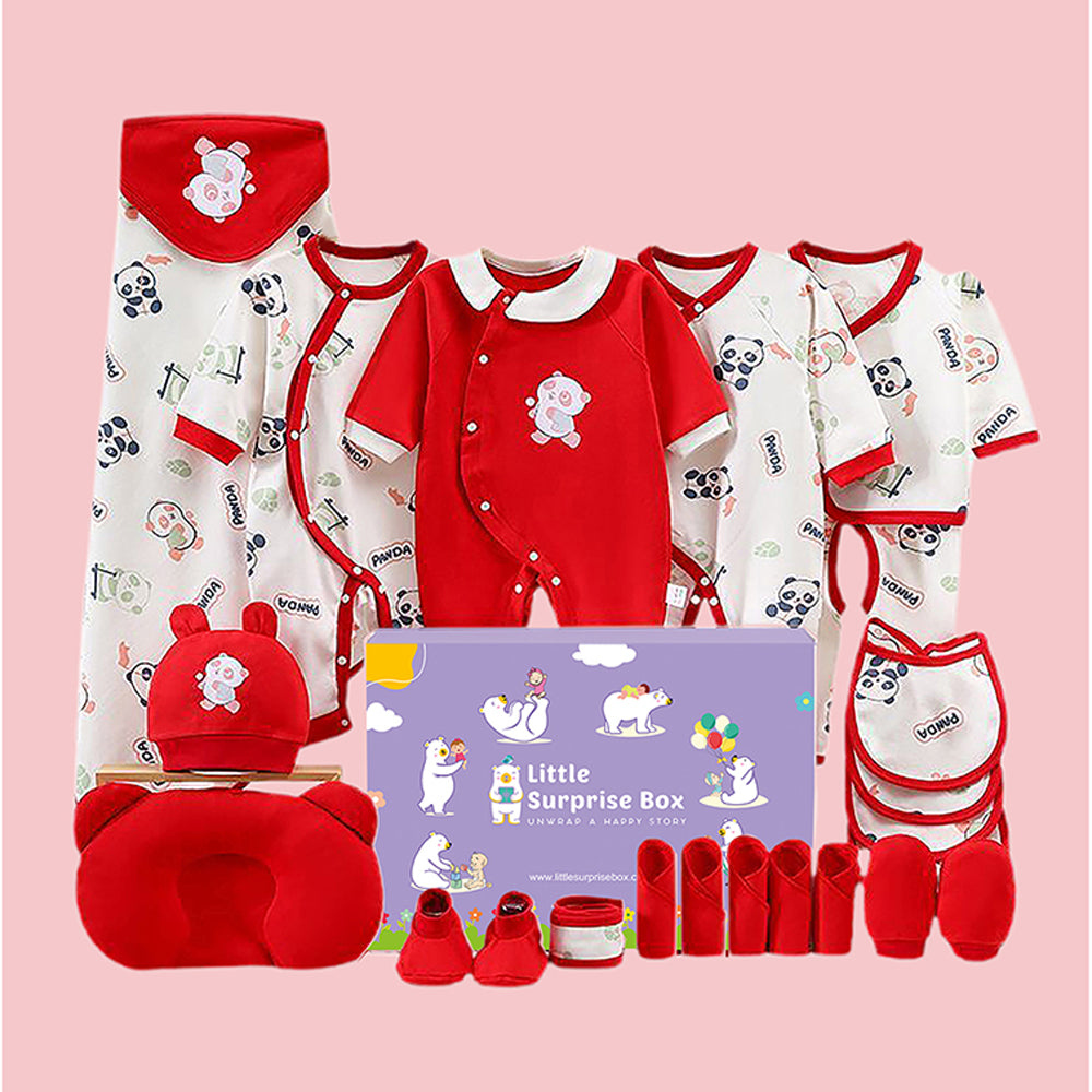 22 pcs Red & White Panda Newborn Baby Girl/Baby Boy Gift Hamper Set, 0-6 months