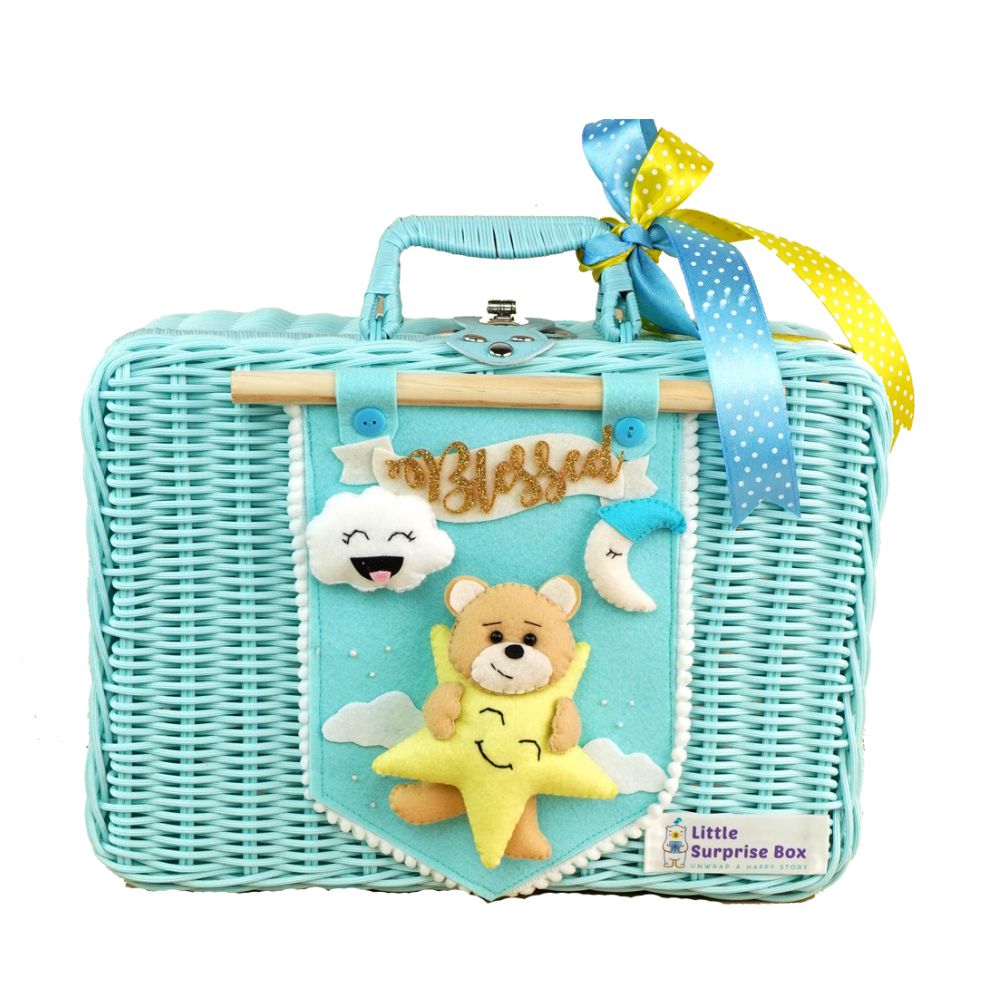 23pcs,Blue Rocket Newborn Baby Girl/Baby Boy ,Gift Hamper with decorated Handmade Storage Basket,0-12months