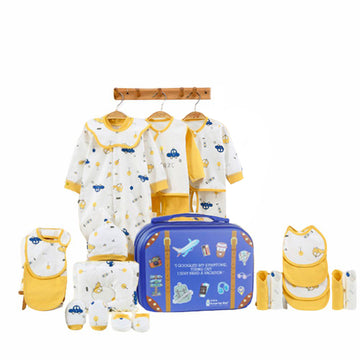 23 pcs Yellow Travel themed Newborn Baby Girl/Baby Boy All Season wear,Gift Hamper with Travel Suitcase,0-12 months