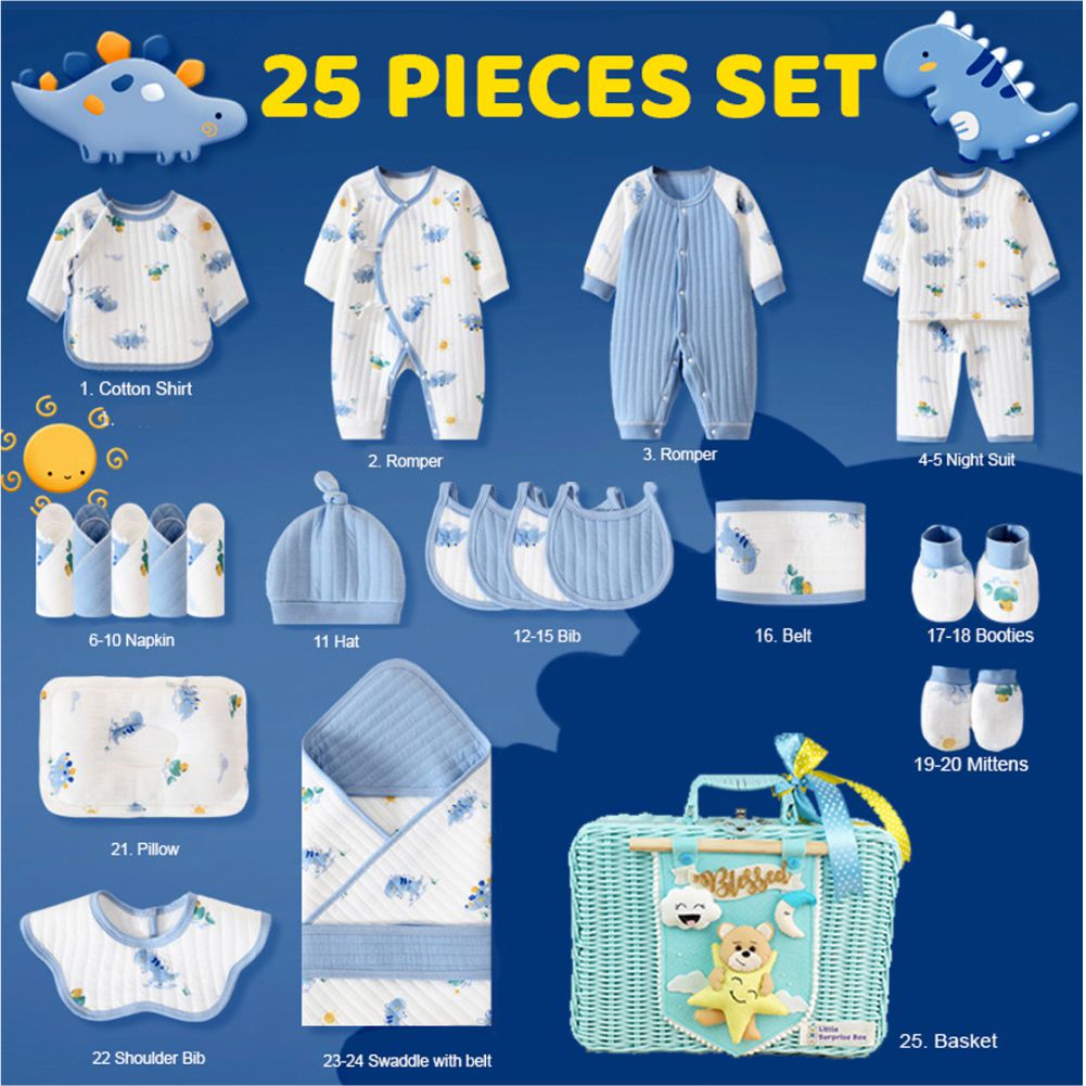 25 pcs Blue Dino Newborn Baby Girl/Baby Boy Gift Hamper with decorated Handmade Storage Basket,0-12 months