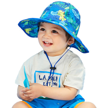 Blue Dino Wide Coverage Sun Hat for Kids& Toddlers with Adjustable Strap