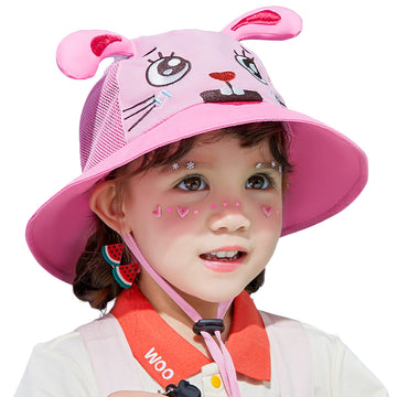 Pink long ear Rabbit print breathable Net wide brim Sun Hat for Kids& Toddlers with Adjustable Strap