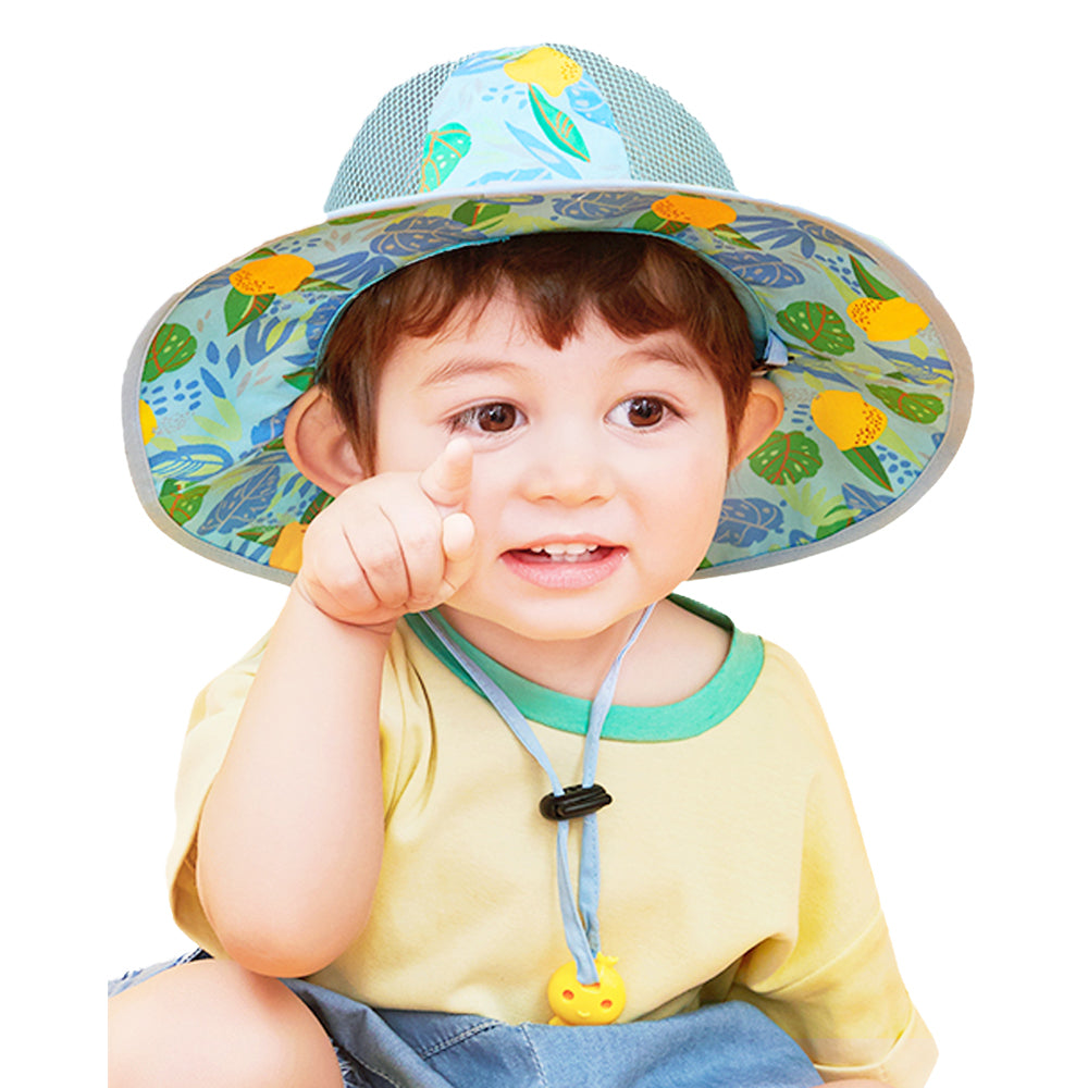 Light Blue Lemon print breathable Net wide brim Sun Hat for Kids& Toddlers with Adjustable Strap