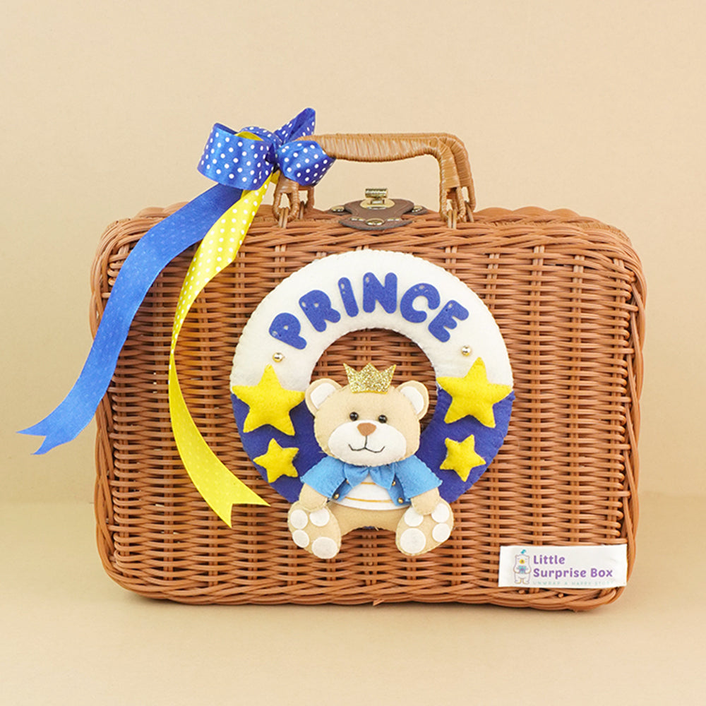 Little Prince Teddy,Tan Cane Basket for Storage and Travel