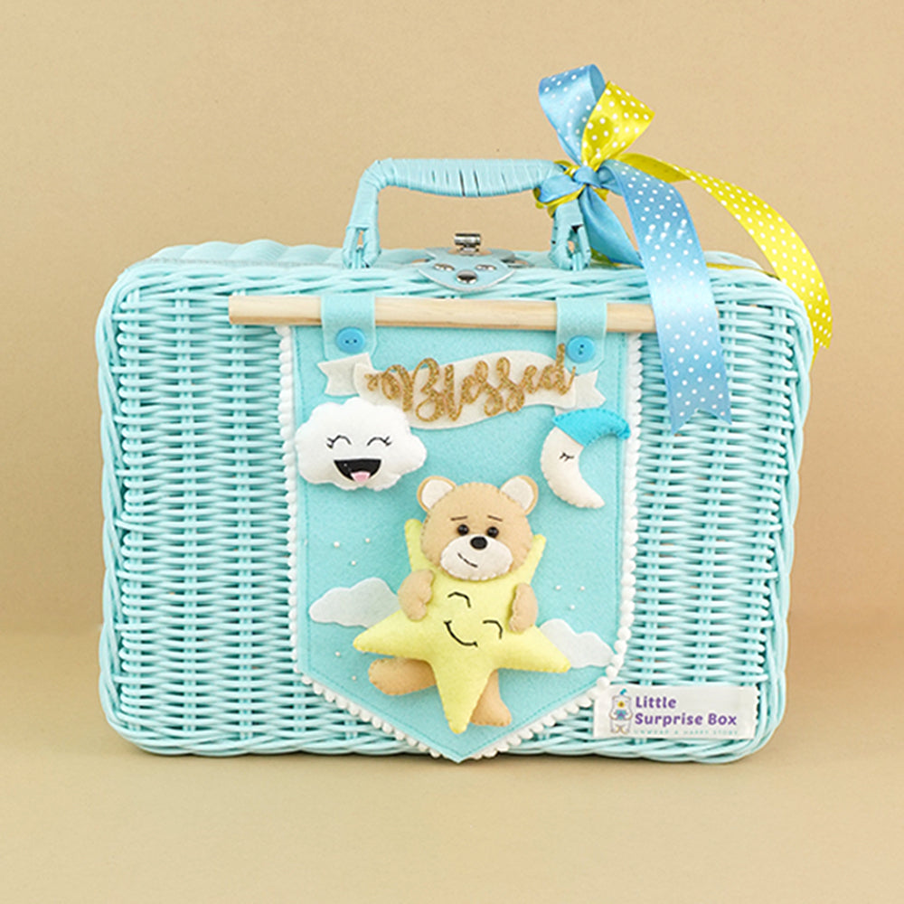 Twinkle Star Lullaby Teddy,Baby Blue Cane Basket for Storage and Travel