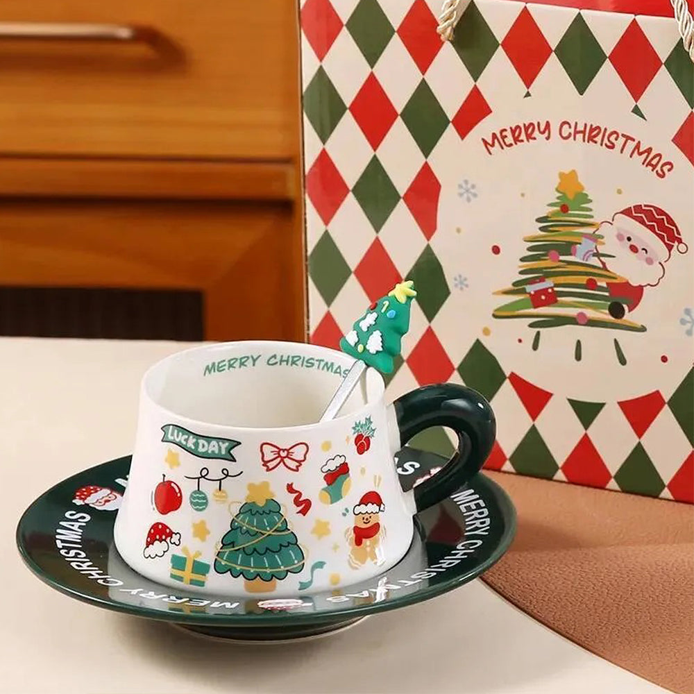 Star Tree Ceramic Cup & Saucer with 3D Christmas Tree Spoon Gift Box S
