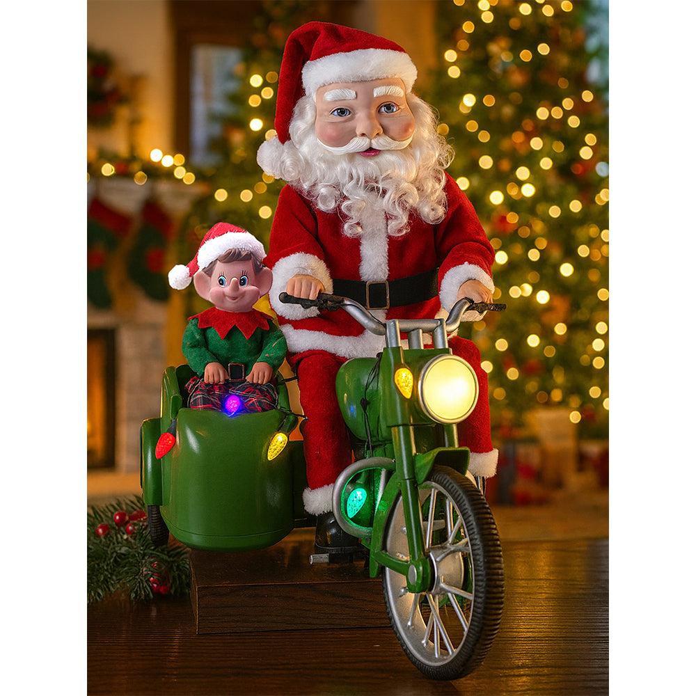 Santa Motorcycle with Elf in Sidecar Light,music and motion Christmas Home décor