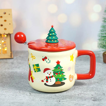 Snowman with Tree ceramic Christmas Coffee and Hot Chocolate Mug with 3d christmas tree Lid and Stainless Spoon.