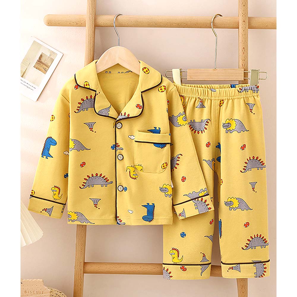 Mustard Brown Dino soft Cotton Kids Nightsuit