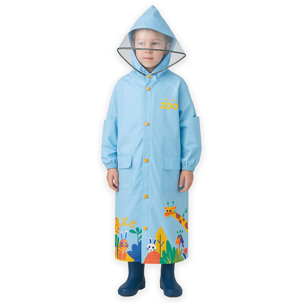 Blue Animal Print Knee Length Raincoat for Kids Teens