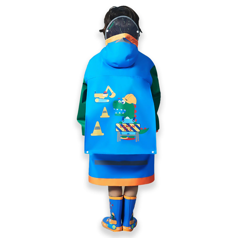 Blue Green sleeve Dino Digger knee length raincoat for kids