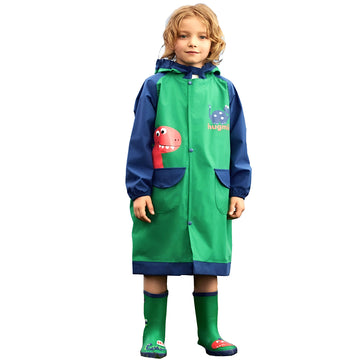 Bottle Green Dino Kne Length Raincoat for Kids