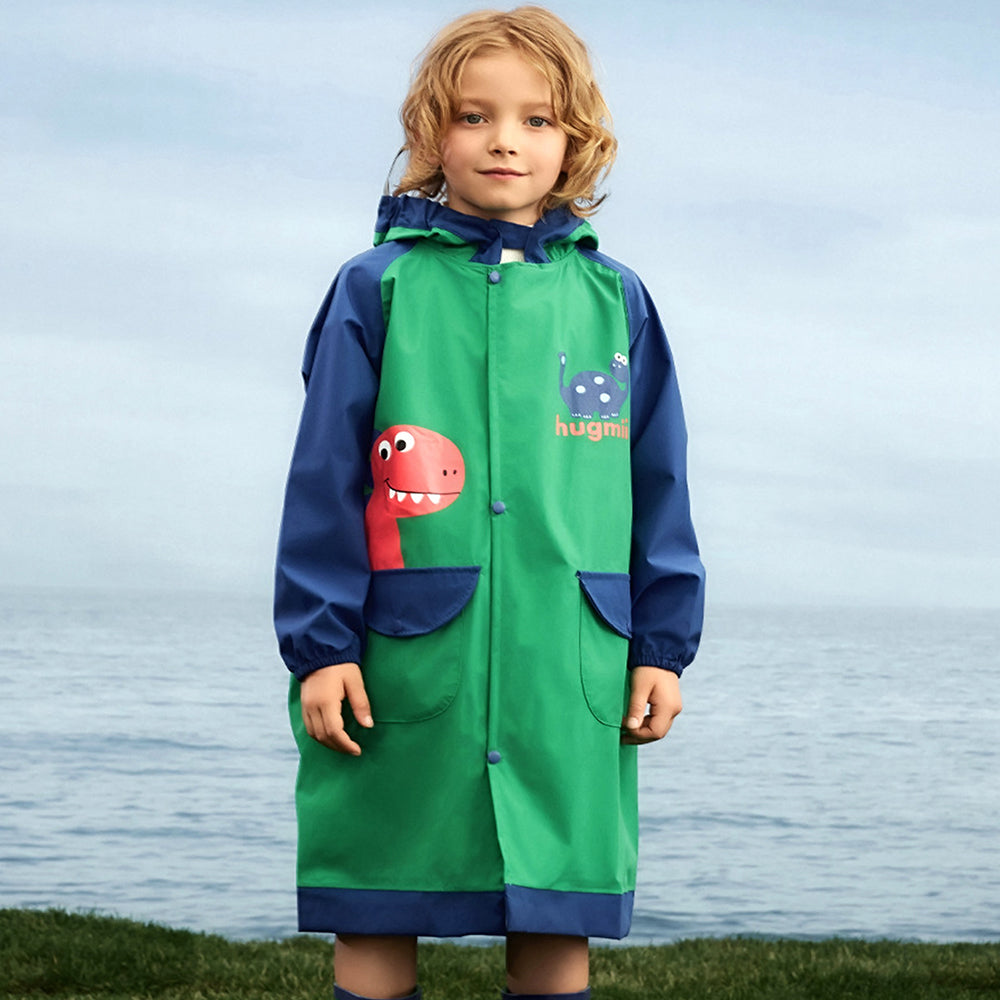Bottle Green Dino Kne Length Raincoat for Kids