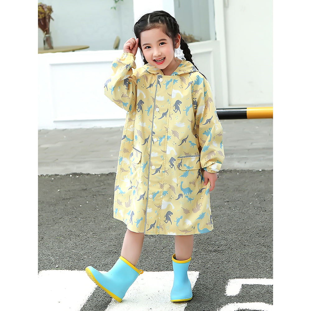 Pastel Yellow Dino All Over Print Knee length Raincoat for Kids