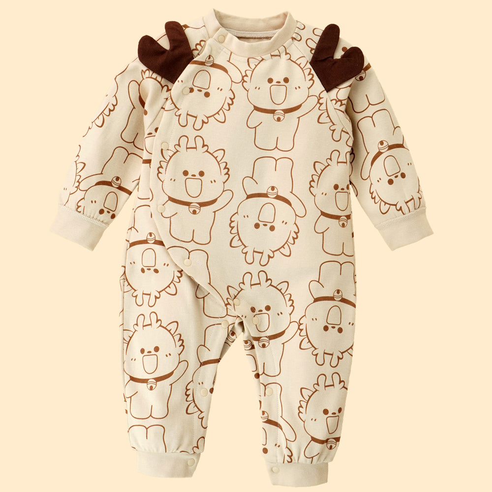 3D Brown Eared Reindeer theme full sleeves jumpsuit Romper for tiny toddlers
