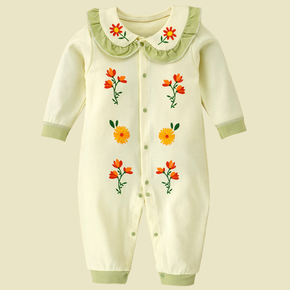 Cream Ruffled Green neck Floaral pattern full sleeves Romper for Tiny Toddlers