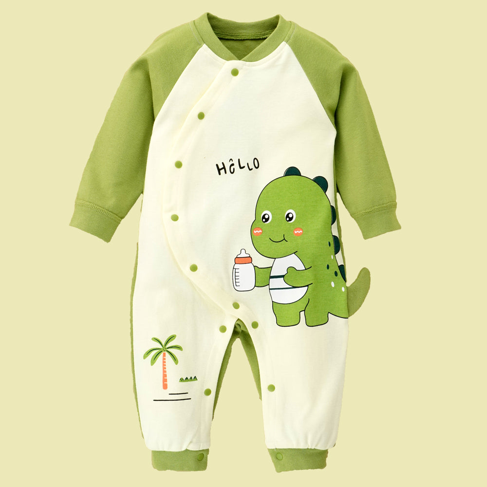 Green Baby Bottle Dino full sleeves jumpsuit style Romper for Tiny Toddlers