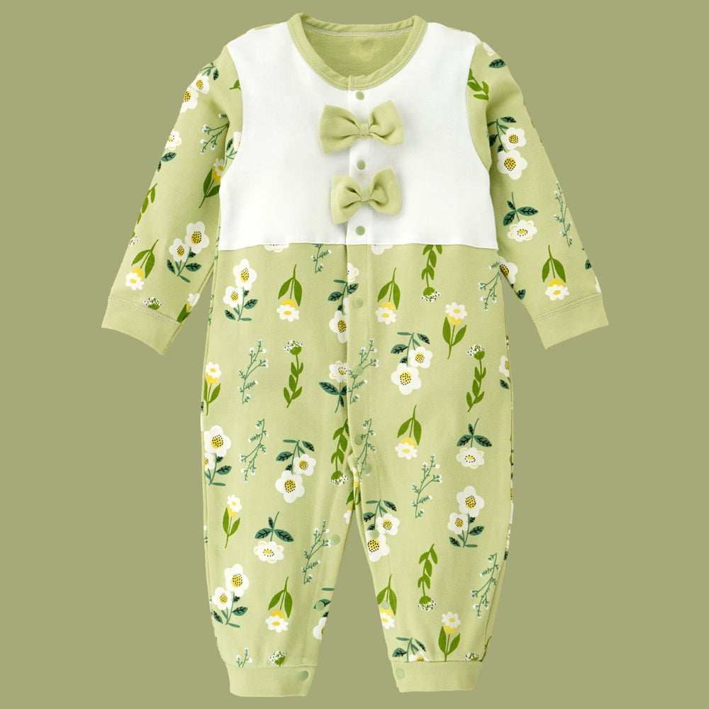 Green Bow & Florals full sleeves jumpsuit style Romper for Tiny Toddlers