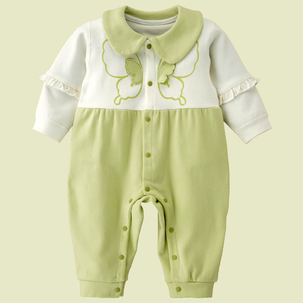 Green & Cream  Butterfly full sleeves jumpsuit style Romper for Tiny Toddlers