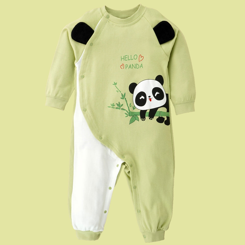 Green Panda full sleeves jumpsuit style Romper for Tiny Toddlers