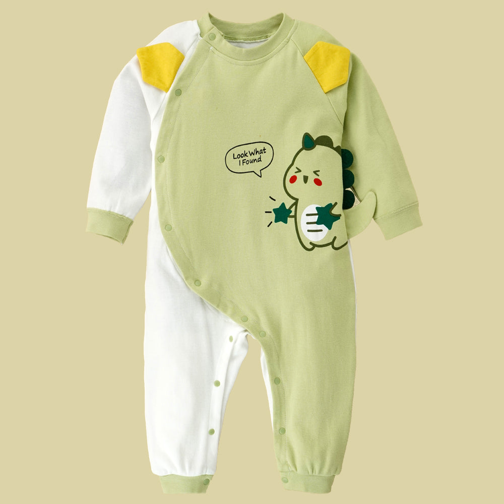 Green Star Dino full sleeves jumpsuit style Romper for Tiny Toddlers