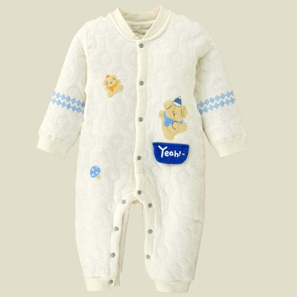 Quilted Cream & Blue Winterwear, full sleeves Romper for Tiny Toddlers