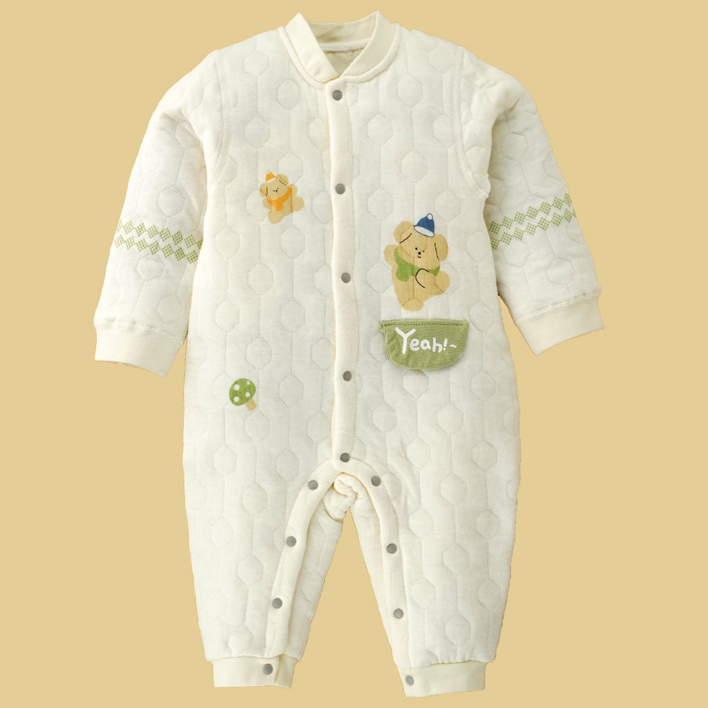 Quilted Cream & Green Winterwear, full sleeves Romper for Tiny Toddlers