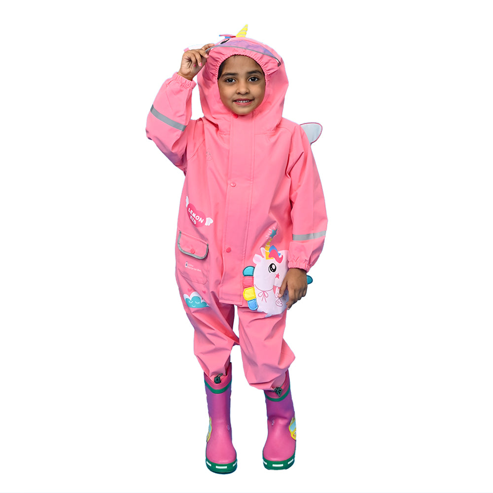 Bright Pink Magical Unicorn Theme All Over Jumpsuit / Playsuit Raincoat for Kids - Little Surprise BoxBright Pink Magical Unicorn Theme All Over Jumpsuit / Playsuit Raincoat for Kids